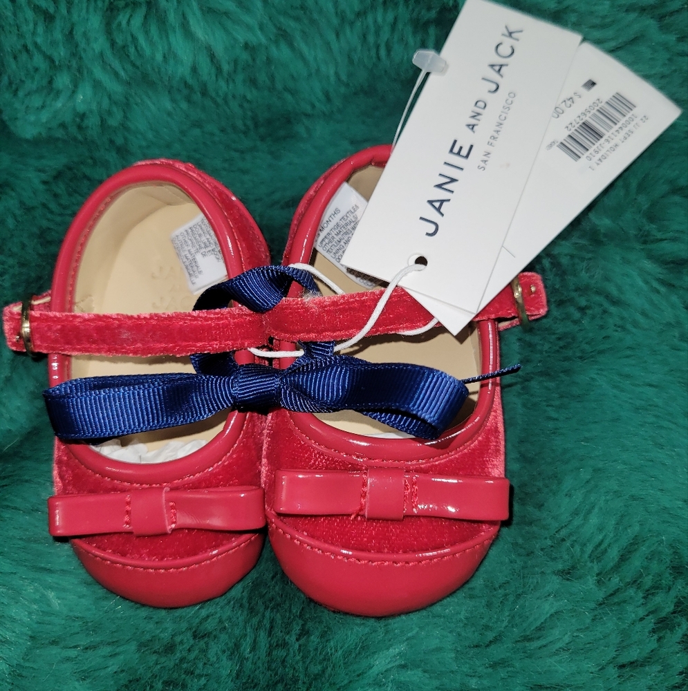 🆕️ Janie and Jack Presenting Holiday Red Patent Velour Bow Dress Shoes 0-3 Baby